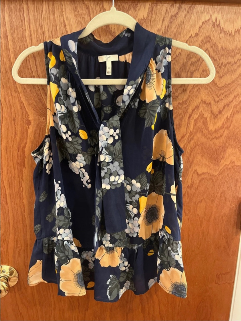 Sleeveless Silk Navy Floral Tie-Neck Blouse